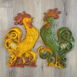 Vintage Kolie USA Rooster Cast Iron Wall Plaques Mid Century Modern Farmhouse